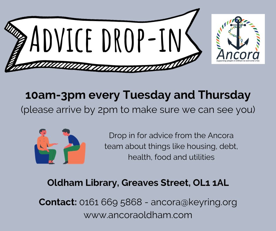 AncoraOldham's tweet photo. Every Tuesday and Thursday you can drop in to Oldham Library for advice on housing, debt, health issues and more. All welcome!
@OldhamLibraries @OldhamCouncil @CAPuk @OldhamFoodbank https://t.co/XsNZ1ElNOi