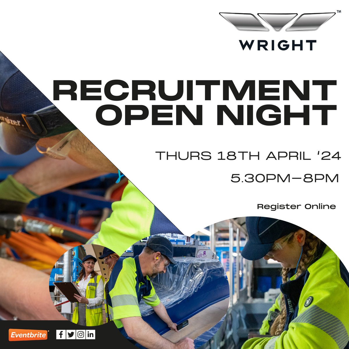 .@Wright_bus Recruitment Open Night | Thursday 18th April | 5.30-8pm Come along to find the perfect role for you Register: eventbrite.co.uk/e/wrightbus-re… E: hr@wrightbus.com #Wrightbus #Recruiting #CompanyGrowth #GreenJobs #Innovation #DrivingAGreenerFuture