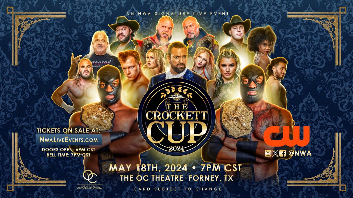 The @nwa proudly announces the return of the prestigious Crockett Cup tag team tournament, set to take place on May 18, 2024, at The OC Theater in Forney, Texas! This monumental event brings together the best tag teams in wrestling under one roof. 🎟️ eventbrite.com/e/nwa-crockett…