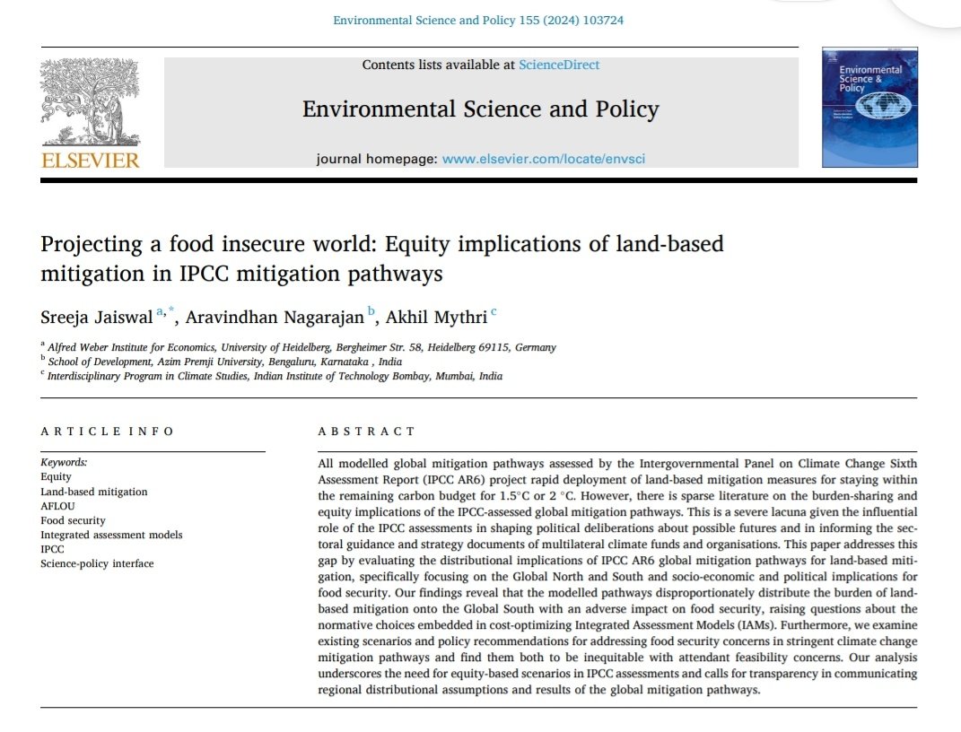 Our paper(@Sreejaiswal & Akhil Mythri) on IPCC modelled pathways and outcomes out now 1/TLDR: recent calls for energy crops, reduced pasture land & shift to plant diets based on these models project a food insecure world. They're inequitable and cannot be a basis for mitigation