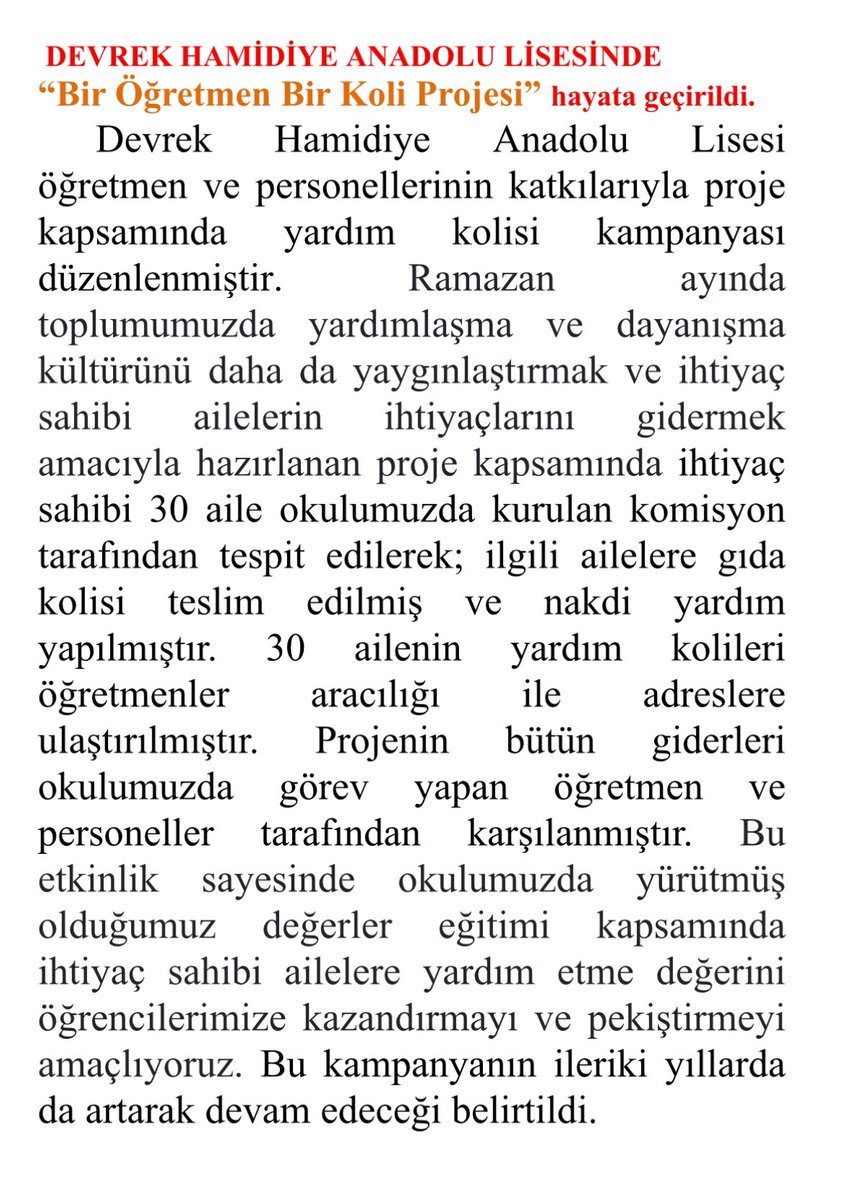 DevrekLisesi's tweet photo. Okulumuz öğretmenleri ve personelimiz tarafından gerçekleştirilen Bir Öğretmen Bİr Koli Projesi kapsamında 30 aileye yardım kolisi ve nakdi yardım yapılmıştır. Emeği geçen bütün personelimize teşekkür ederiz. @Devrek_mem https://t.co/auU50gQkr7