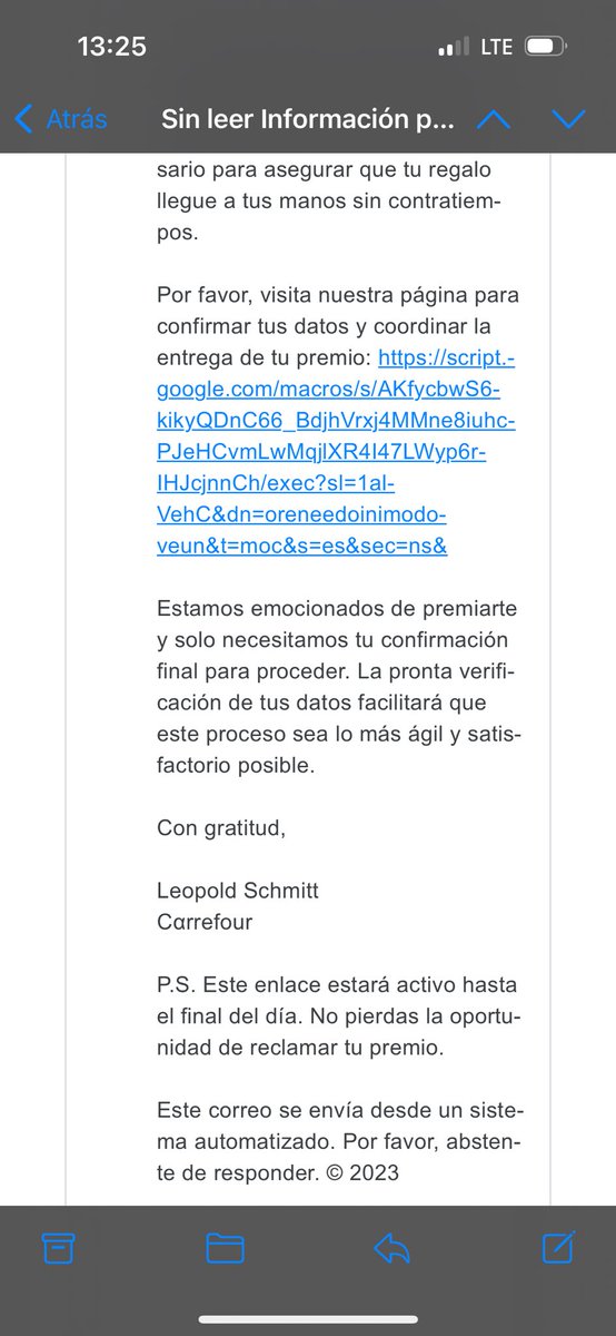 Anamariposas's tweet photo. @CarrefourES me ha llegado un mail que cierto es más sospechoso que nada.. pero oye.. que si es verdad yo busco mi premio 
#ojoestafa https://t.co/Pwj01aQkIj