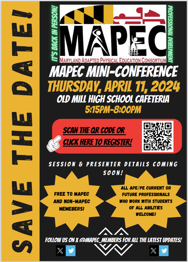 Pumped to have 2023 @SHAPEMaryland Adapted PE Teacher of the Year Brad Hunter (@BHunterinBmore) presenting at our mini-conference on April 11th at Old Mill High School. Will you be there? Register Here: forms.gle/3uhA8WsiydGdfz…