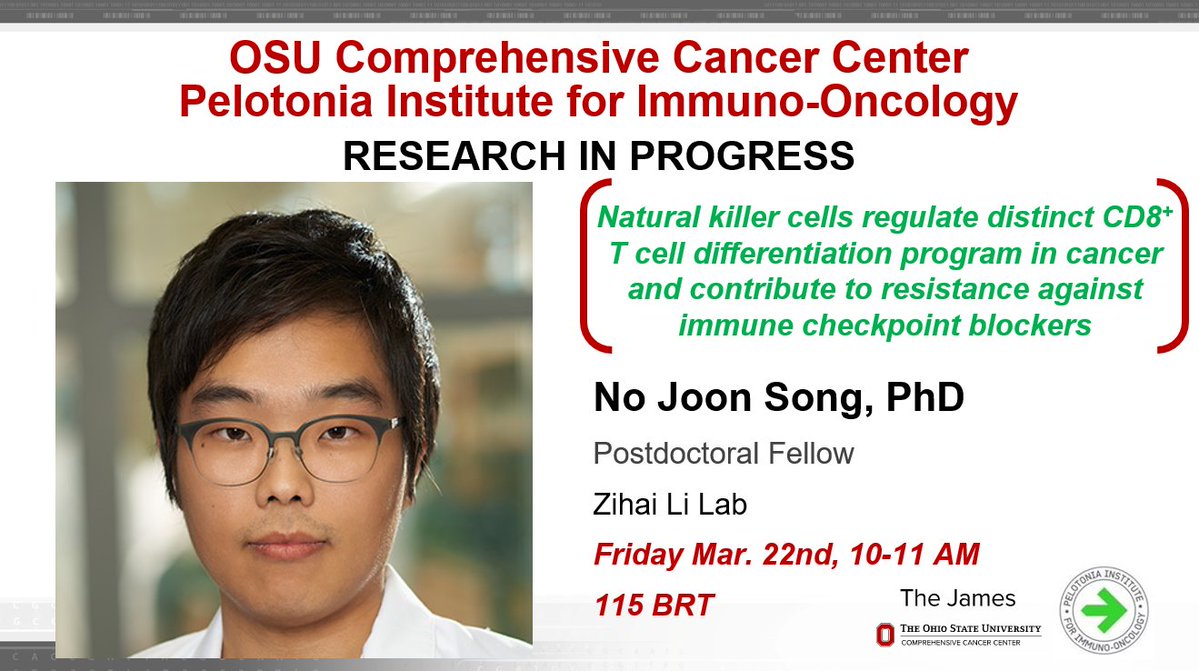 Join us today for #PIIO research in progress by Dr. No Joon Song, entitled 'Natural killer cells regulate distinct CD8+ T cell differentiation program in cancer and contribute to resistance against immune checkpoint blockers.’
