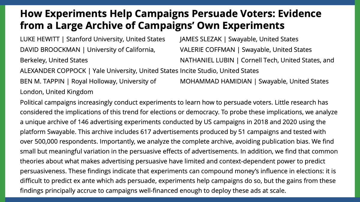 Analyzing a novel dataset of experiments, @lukebeehewitt, @dbroockman, Alexander Coppock, @Ben_Tappin, @jslez, @valerierose, @natelubin, & @m_hamidian elucidate the efficacy of political advertising campaigns. #APSRFirstView ow.ly/FNe050QRF2l
