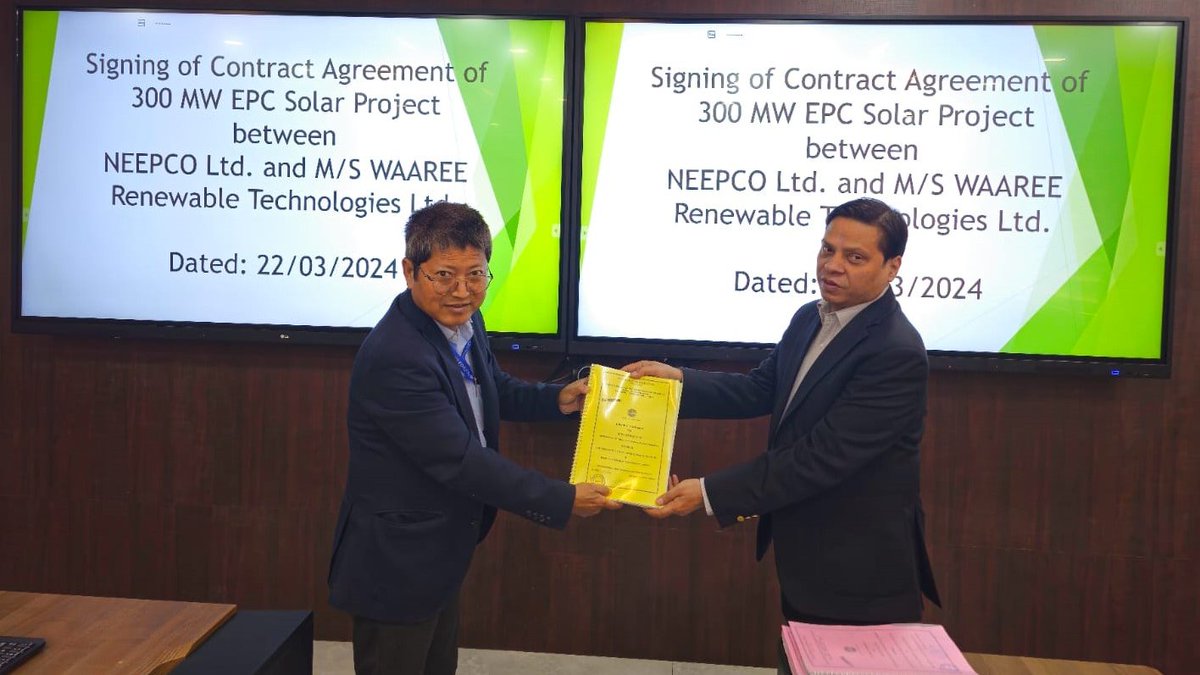 NEEPCO has signed a contract agreement with M/S Waaree Renewable Technologies Limited  marking the commencement of the project that will see the installation of a 300 MW Solar Power Plant at Bhanipura, Bikaner, Rajasthan #RenewableEnergy