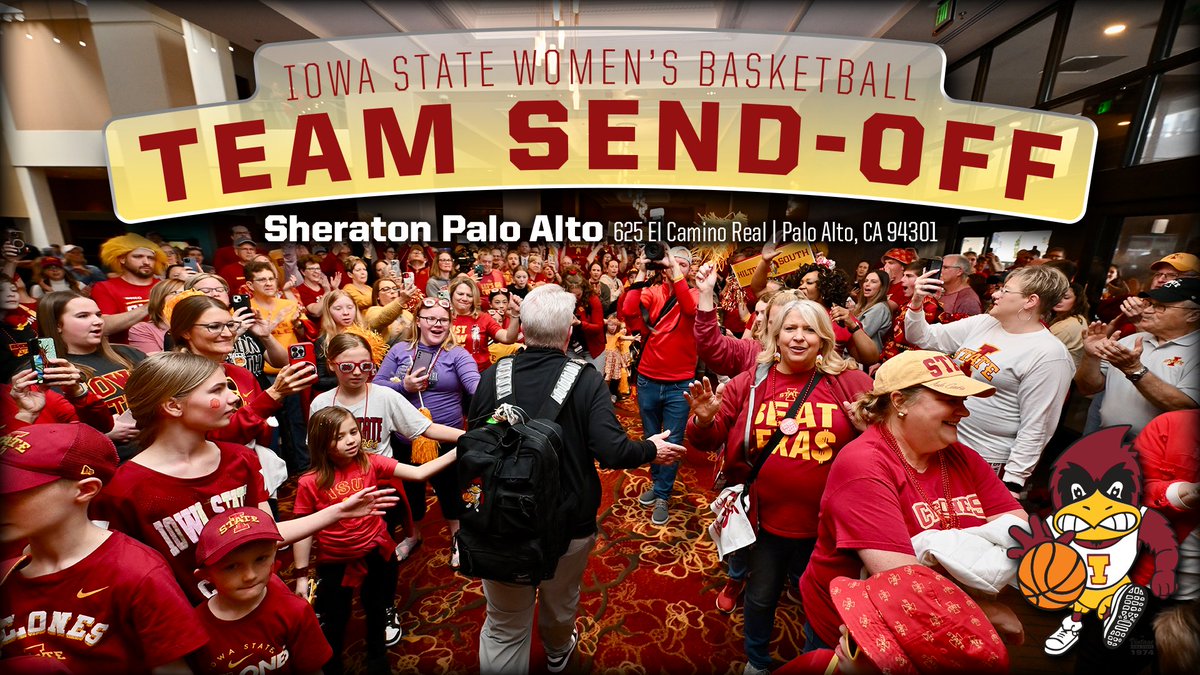 Calling all Cyclones in California🚨🔊

Join the Pep Band &amp; Spirit Squad for the <a href="/CycloneWBB/">Cyclone Basketball</a> team send-off today at 2:30 PM at the Sheraton Palo Alto (625 El Camino Real, Palo Alto, CA 94301)!