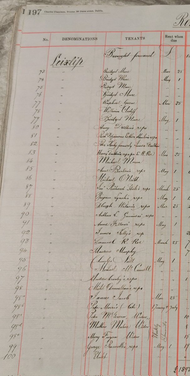 A fascinating record for local historians, this rental account for the @castletownOPW estate for 1876-1891, lists every tenant on the estate. A few familiar names are listed, including Arthur L(ee) Guinness, son of Arthur Guinness II and Ann Lee of Beaumont.