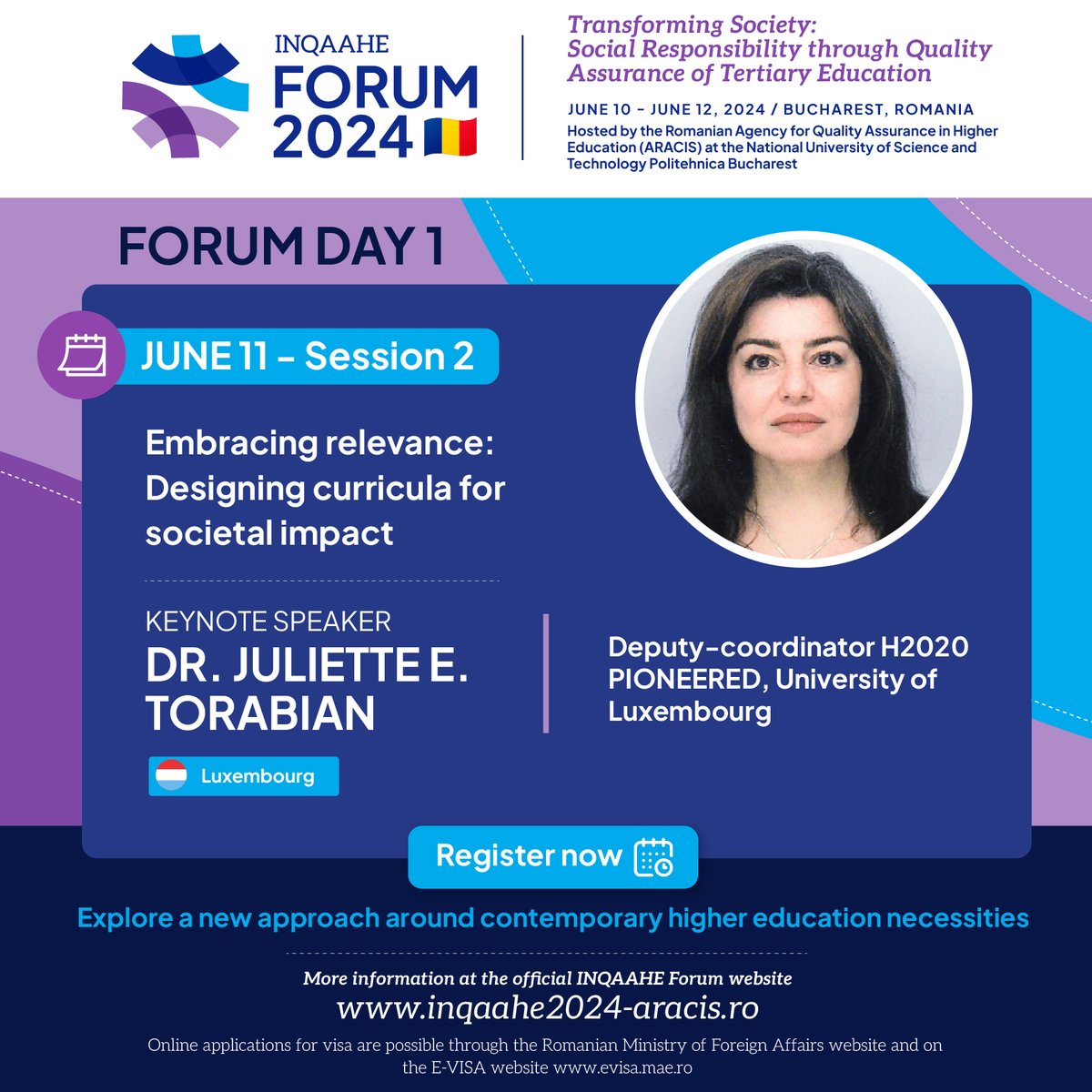 In the second session of the #INQAAHEForum2024, we'll be hearing from Dr. Juliette E. Torabian, Deputy-coordinator H2020 PIONEERED, University of Luxembourg. Check all details about her keynote session: inqaahe.org/blog/forum-202… ➡️ Register now: inqaahe2024-aracis.ro/registration/