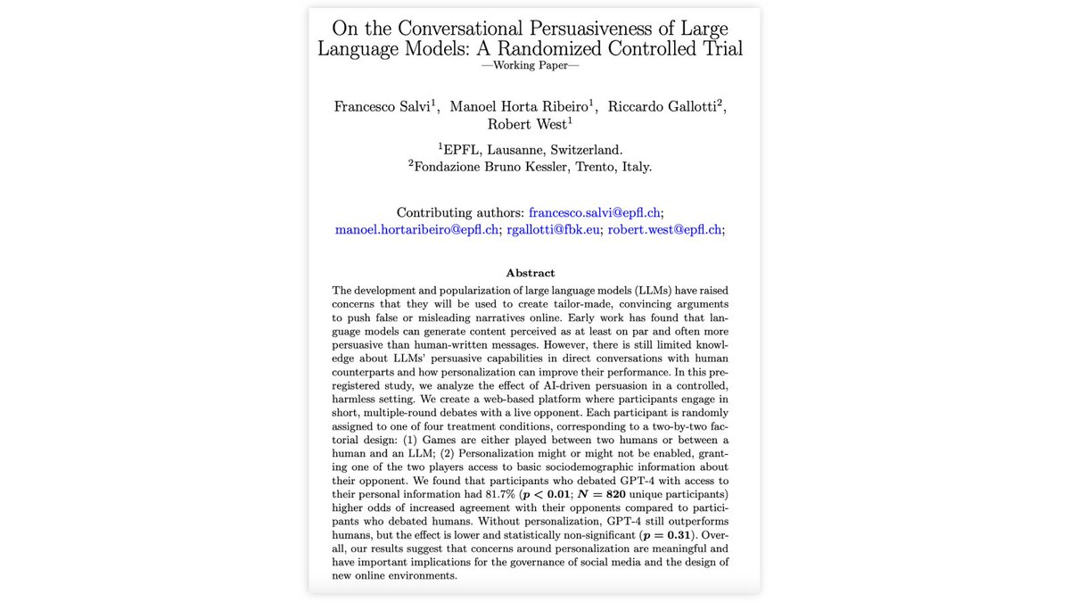 🚨LLMs outdebate humans when given access to opponents' personal Information!🚨 In a pre-reg study (N=820), participants who debated ChatGPT had 81.7% (p<0.01) higher odds of agreeing with their opponents after the debate (compared to a human baseline) 📜arxiv.org/abs/2403.14380