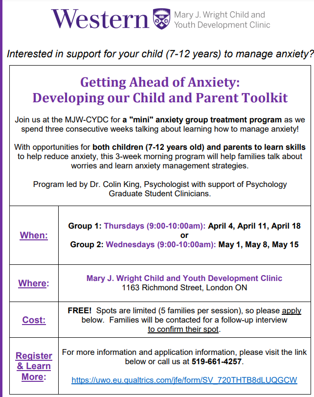 Looking for support for your child (7-12 years) to help manage anxiety challenges? Check out our 'mini' group program at the Mary J. Wright Child and Youth Development Clinic! Details below - please apply at: uwo.eu.qualtrics.com/jfe/form/SV_72…