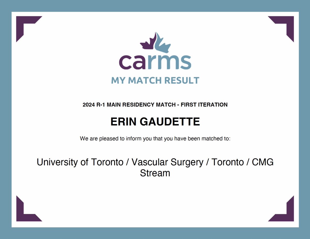 GaudetteErin's tweet photo. Ecstatic to be heading home to Toronto this summer to begin my vascular surgery training @TorontoVascular. There really are no words to describe how grateful I am. 

#CaRMS2024 https://t.co/aKzDI8F5S7