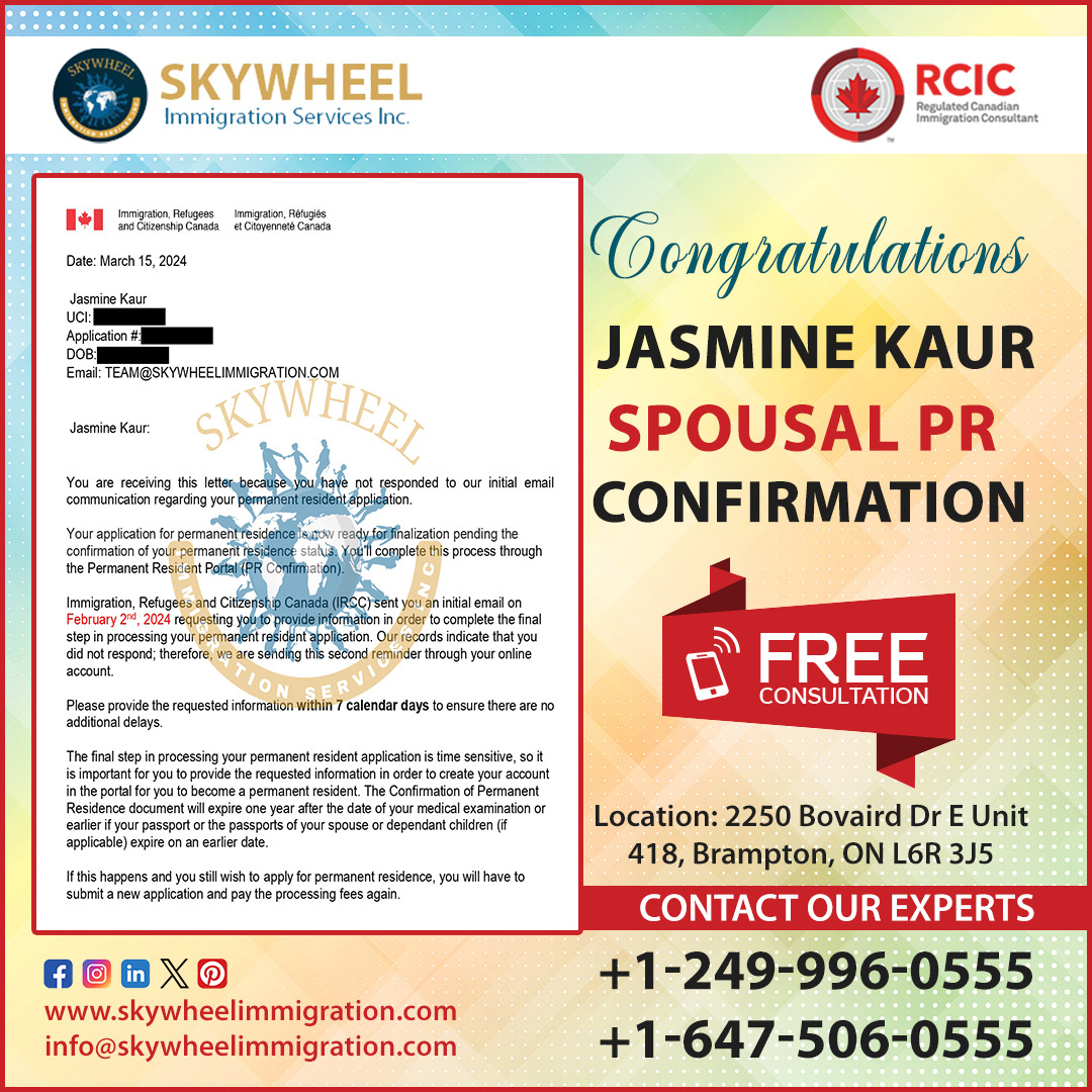 Congratulations to our satisfied client for (Spousal PR Confirmation)
.
Contact Us
+1249-996-0555
+1-647-506-0555
skywheelimmigration.com
info@skywheelimmigration.com
.
.
#skywheelimmigration #spousalpr #prapproval #spousalvisa #familyimmigration #spousalsponsorship #prprocess