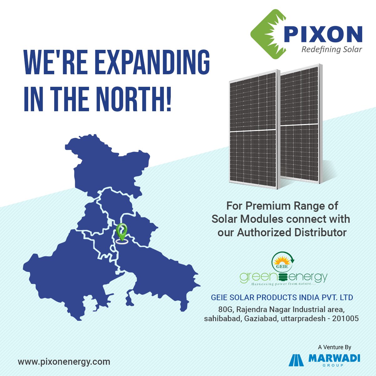 GEIE Solar Products India Pvt Ltd are joining forces with PIXON to illuminate the Northern Region. 

Get ready for a brighter, greener future.

#pixonsolar #distributorship #modulemanufacturer #solarpanels #sustainablefuture #solarenergy #north #uttarpradesh #gaziabad