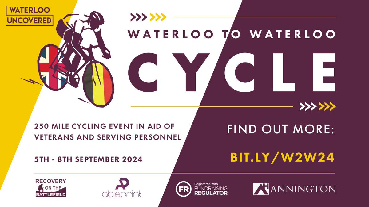 The Waterloo (London) to Waterloo (Belgium) Cycle is back this September, and we want YOU to ride for veterans and serving personnel! ➡️ Register at bit.ly/w2w-24 or email e.marsh@waterloouncovered.com to find out more!