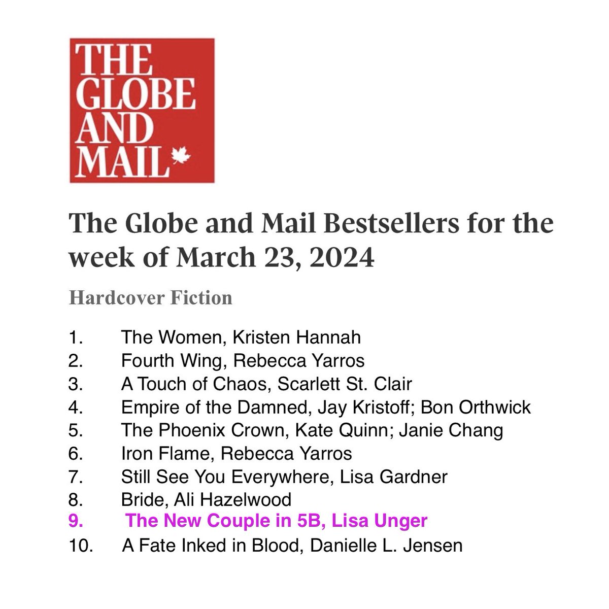 O Canada! Thank you so much for making THE NEW COUPLE IN 5B a top ten bestseller for a second week in a row! 🇨🇦🖤💜