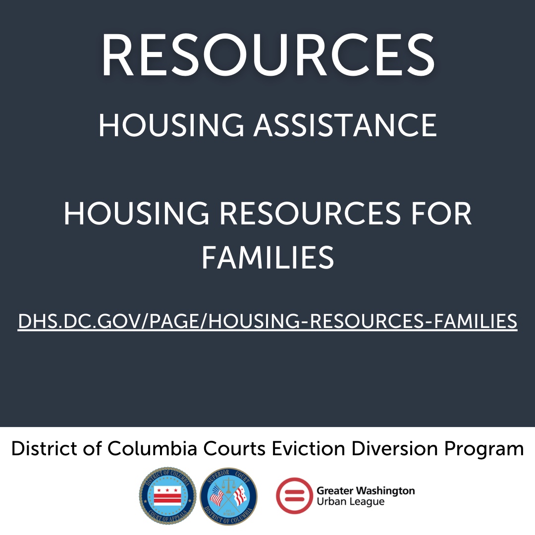 DCCourtsEDP's tweet photo. There are many resources listed at https://t.co/weL612MSrv, including Housing Resources for Families.

Follow the link(s) to learn more. 

#tenant #WashingtonDC #DC #evictionprevention #landlord #help #renters #program #rent #PropertyManagement #dclandlord #eviction https://t.co/R4GsE6YFiT