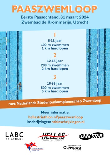 Over 9 dagen de 4e editie van de Utrechtse Paaszwemloop. Dit keer weer met jeugdseries en ... het allereerste Nederlandse Studentenkampioenschap Zwemloop ooit! 

Mooie samenwerking van o.a. <a href="/HellasUtrecht/">Hellas Utrecht</a> <a href="/olymposutrecht/">Sportcentrum Olympos</a> @studentsportNL en <a href="/labc_triathlon/">LABC Triathlon</a>

#PZL24