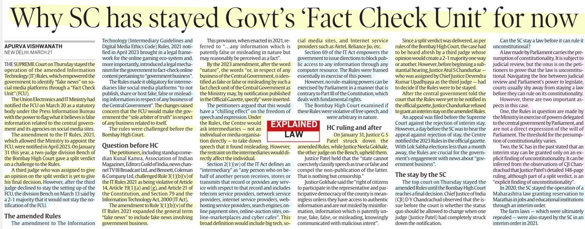 #FactCheckUnit

'Why SC has stayed Govt's 'Fact Check Unit' for now'

:Details by Ms Apurva Vishwanath @apurva_hv 

#FactCheck #FCU #FakeNews #govt #business #SocialMedia 
#ITAct #Ammendment #Rules
#FreedomOfSpeech #Expression 
#SupremeCourt 
#law #Polity 

#UPSC 
Source: IE