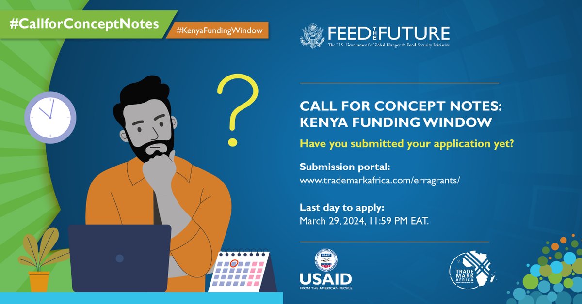 #CallforConceptNotes #KenyaFundingWindow
📢7 days to the deadline!

Submit your application to trademarkafrica.com/erragrants/ before the deadline on March 29, 2024, 11:59 PM EAT.

If you have any queries or difficulty applying, please email: erragrants@trademarkafrica.com.