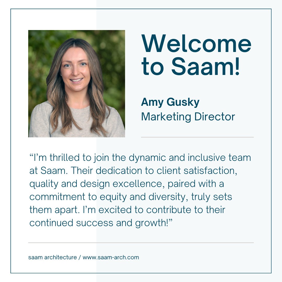 We are excited to welcome Marketing Director Amy Gusky to the Saam Team! Amy brings a range of knowledge in client strategy, pursuit development, technical writing, and communications management to the Saam team. MORE ABOUT AMY>>saam-arch.com/amy-gusky/ #AECIndustry