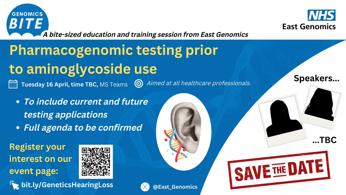 Speakers TBC soon for our 16 April #GenomicsBITE on Pharmacogenomic testing prior to aminoglycoside use. 🧬👂 Critical for patients with genetic variant which can predispose them to aminoglycoside-induced hearing loss. Register your interest here: events.eahsn.org/SAVETHEDATEGen…