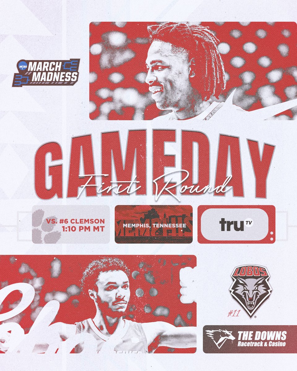 GAMEDAY! It's our turn on the #MarchMadness stage as we meet Clemson this afternoon in the first round! #GoLobos 🆚 Clemson 📍 Memphis, TN 🕐 1:10 pm MT 📺 @truTV 📻 @WestwoodOne 📻 @KKOBradio 📈 GoLobos.com/mbbstats