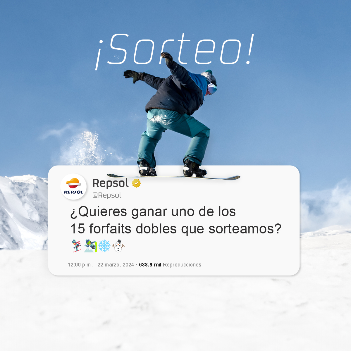 Repsol's tweet photo. ¿Quieres ganar un forfait doble para un fin de semana en @websierranevada y descubrir cómo reducimos sus emisiones gracias a nuestra #Multienergía?⛷️Haz🔁 para participar. Si llegamos a 100🔁, @GuiaRepsol nos dejará sus recomendaciones para un finde de1️⃣0️⃣
https://t.co/th1cgDUu9W https://t.co/ZgGIQWTdYu