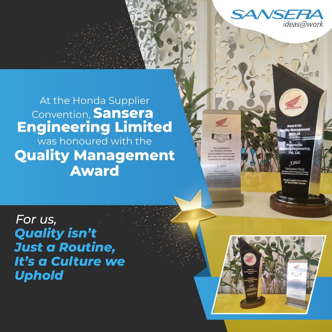 Excited to announce Sansera Engineering as the top supplier for Quality Management at the Honda Convention! 🏆 Quality is our culture - we uphold the highest standards from processes to people. Thanks to Honda and our dedicated team! 

#SanseraEngineering #QualityCulture