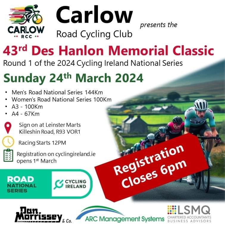 CarlowCycling's tweet photo. ✅️ A1/A2 Nat. Series
✅️ Women's Nat Series
✅️ A3 Standalone 
✅️ A4 Standalone
last entries accepted until 6pm today 🕕
See you on the start line!
https://t.co/ASmBqZTErw
Follow us here for live updates on the day @sticky_bottle @CyclingIreland https://t.co/SVcsM5XKfZ