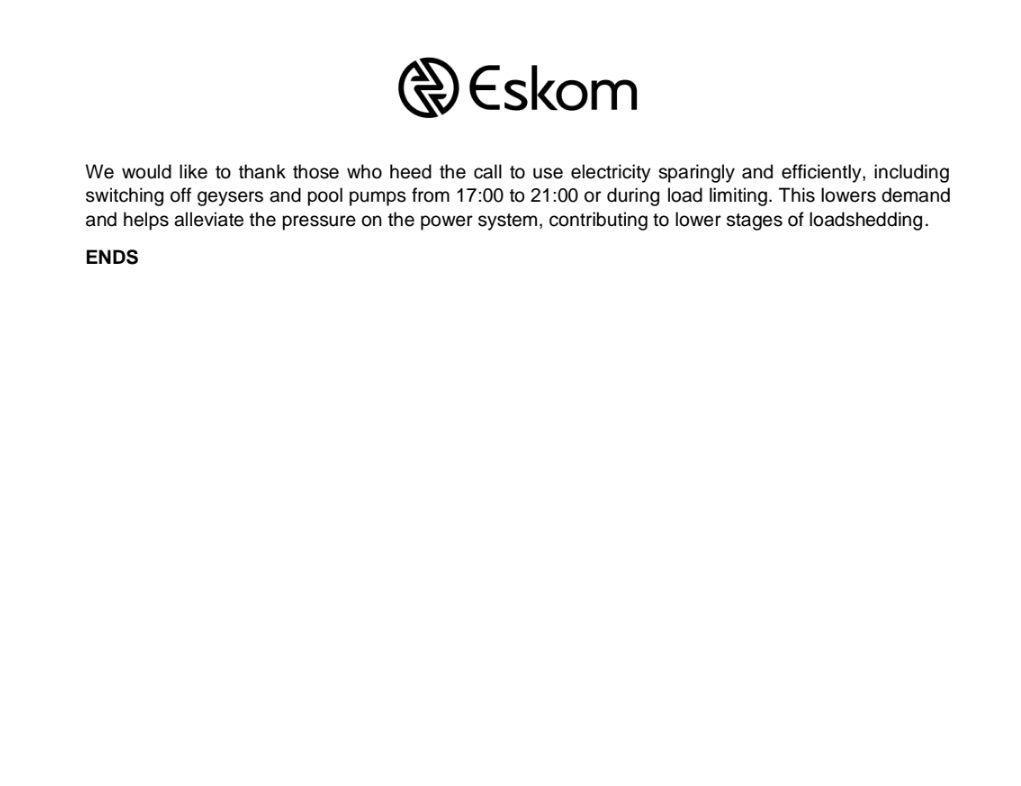 #PowerAlert1 

Stage 2 loadshedding will be implemented from 16:00 today until 20:00 tonight. Thereafter, Stage 3 loadshedding will be implemented until 05:00 on Saturday.