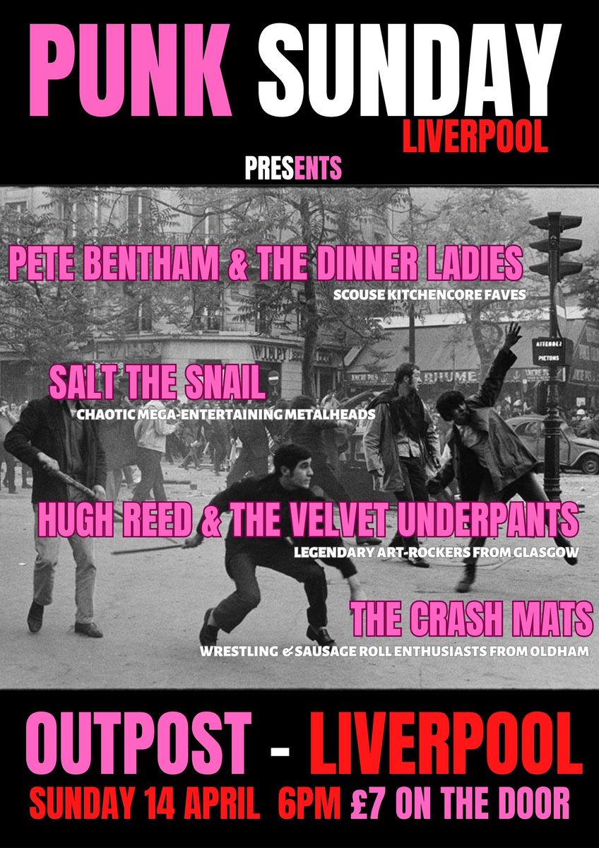 Our next show is this banger on Sunday 14 April at Outpost Liverpool with the brilliant 𝕊𝕒𝕝𝕥 𝕋𝕙𝕖 𝕊𝕟𝕒𝕚𝕝, Scottish artpunk legends Hugh Reed and The Velvet Underpants and Oldham's finest The Crash Mats. - 10pm. Info here: fb.me/e/1OcItCPGh Pay on the door.
