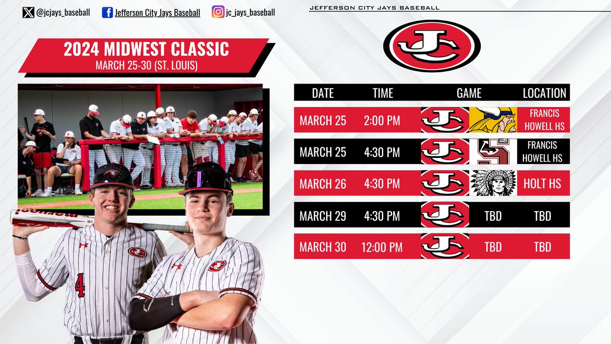jcjays_baseball's tweet photo. Next week’s schedule for the Midwest Classic. https://t.co/MkECfPFz6Q