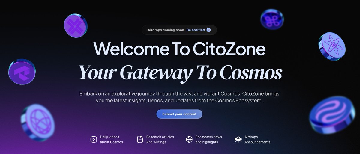 Cryptocito's tweet image. Proud to announce the launch of Cito.Zone 🥳

This is your new content hub and place to go for all things Cosmos: Blog posts. Articles. Ecosystem news. Airdrop alpha. Videos and interviews.

ENTER THE CITO ZONE 🫡