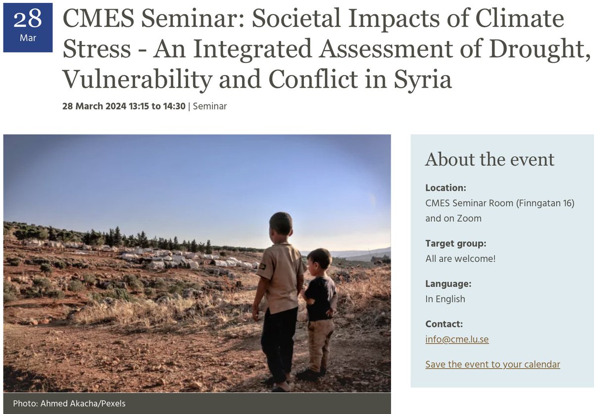 Join us on 28 March for a seminar with @eklund_lina and @pinardinch about the results of their project 'Climate Stress Syria'. Welcome in person or register for Zoom link: cmes.lu.se/calendar/cmes-… Photo: Ahmed Akacha/Pexels