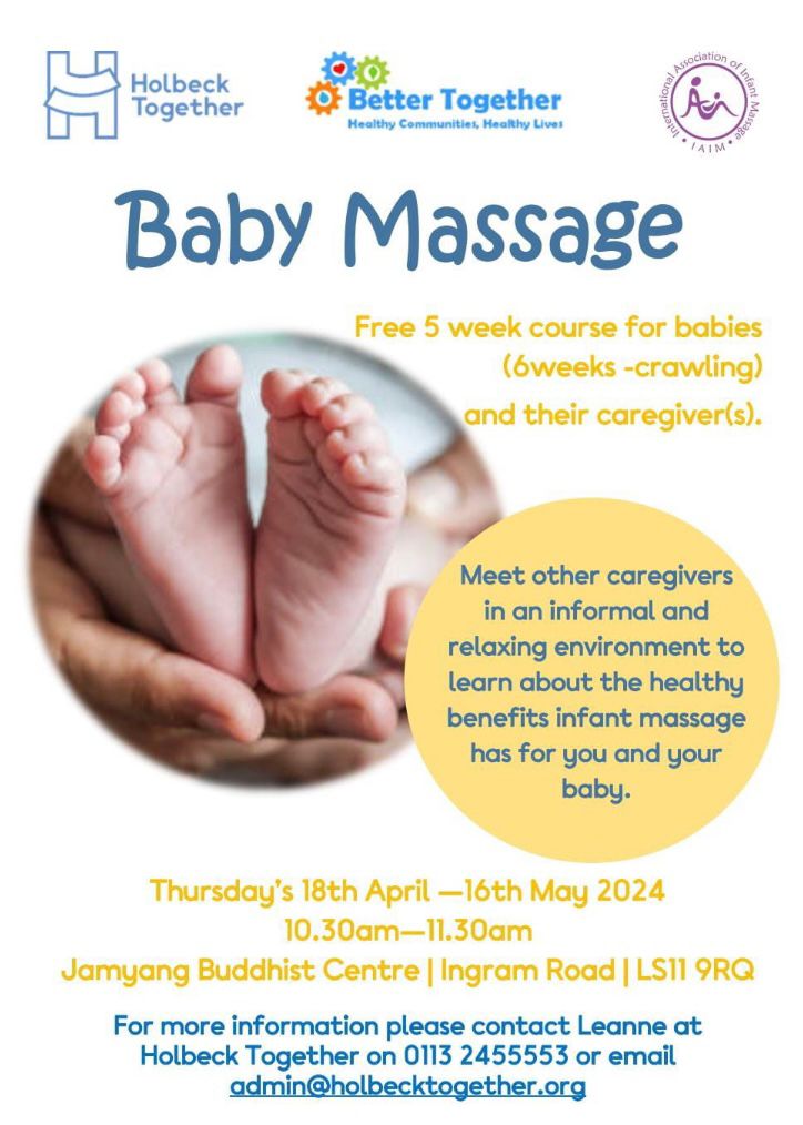 👶Baby Massage Course👶 Free 5 week baby massage course for babies (6 weeks - crawling)! Meet other caregivers in a relaxing environment and learn about the benefits of infant massage! 🗓️Thurs 18 Apr - Thurs 16 May More Info: 📞0113 2455553 📧admin@holbecktogether.org