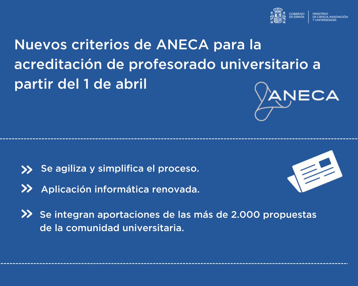 ✅Conoce cuáles son los nuevos criterios de acreditación de <a href="/ANECAinfo/">ANECA</a> para profesorado universitario funcionario que entran en vigor a partir del 1 de abril.

📲 Tienes más info en nuestra web:
ciencia.gob.es/Destacados/Cri…