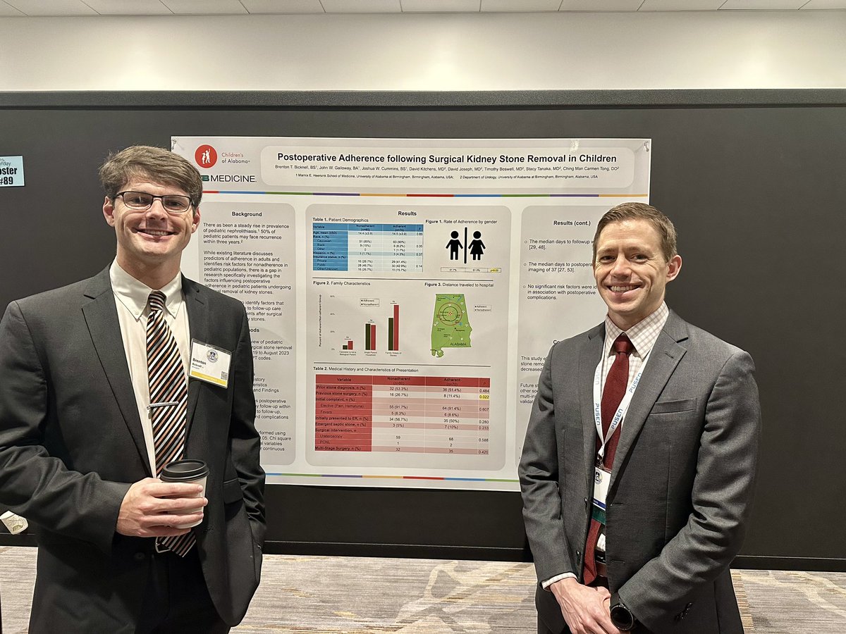 Postoperative followup adherence after pediatric kidney stone interventions presented by @UABHeersink MS2 @BrentonBicknell at @SES_AUA #SESAUA24 with poster session moderator and @UABUrology faculty @TimBoswellMD