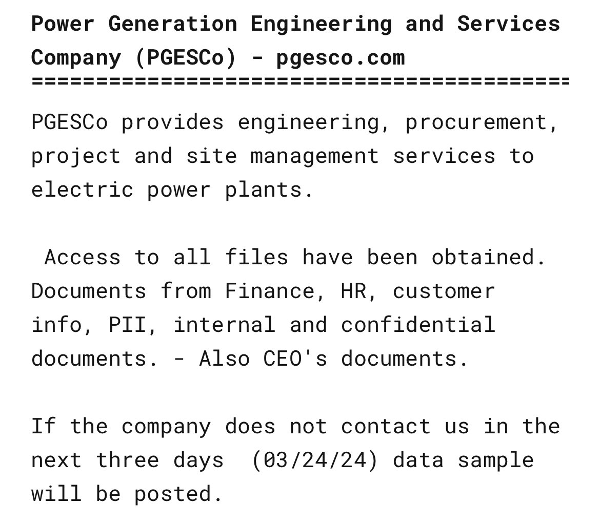 #CyberAttack Alert ⚠️

🇪🇬#Egypt: Power Generation Engineering and Services Company (PGESCo) Allegedly Compromised by RansomHub Ransomware Group

The cyber criminal group claims to have encrypted and exfiltrated 8 TB of financial documents, HR, customer info, PII, internal and