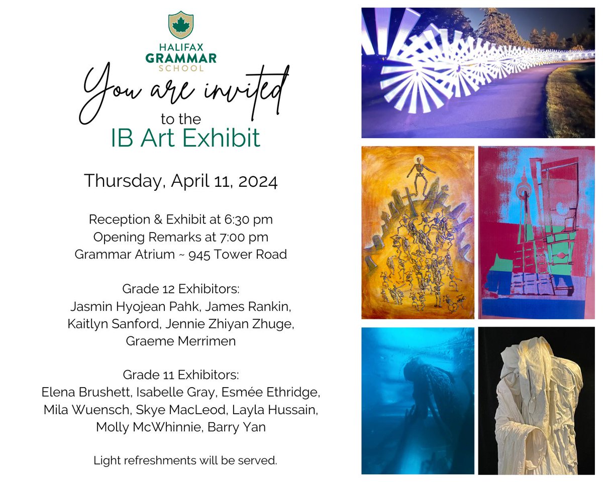 halifaxgrammar's tweet image. Exciting news! Our talented students are gearing up to showcase their incredible works of art at the upcoming IB Art Exhibit on April 11, 2024! 🗓️✨

RSVP: ow.ly/1I3s50QZ31g

#HalifaxGrammar #GrammarArts #IBArt #SupportYoungArtists #CreativeJourney