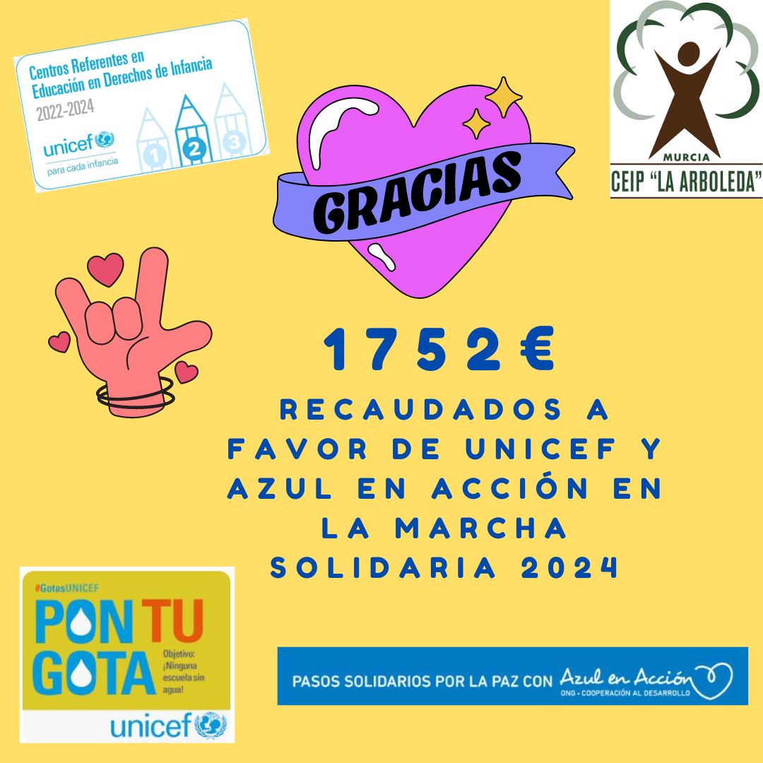 Muchas gracias a toda la comunidad educativa del <a href="/CEIP_LaArboleda/">CEIP La Arboleda</a> por su #Solidaridad y #generosidad en la Marcha en familia a favor de #GotasUNICEF y <a href="/AzulenAccion/">Azul en Acción</a> .  #paz  <a href="/UNICEF_EDU/">UNICEF Educación</a> <a href="/unicef_es/">UNICEF España</a>  <a href="/Educarm/">Educarm</a> <a href="/AytoMurcia/">Ayuntamiento de Murcia</a>