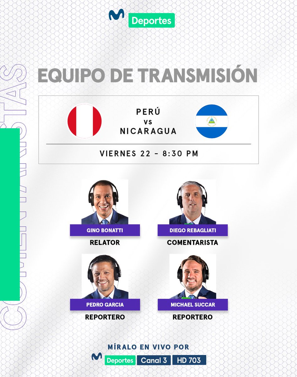 ¡𝗧𝗢𝗗𝗢 𝗟𝗜𝗦𝗧𝗢! 🎙️ El equipo conformado por @BonattiDi, @diegoreba22, @MSUCCAR y @PedroEloyG nos llevará toda la emoción del debut de Jorge Fossati como DT de la Selección cuando HOY a las 8:30 p.m. Perú se enfrente a Nicaragua por Movistar Deportes. 🇵🇪🇳🇮 🖥️ 003 / 703 HD…