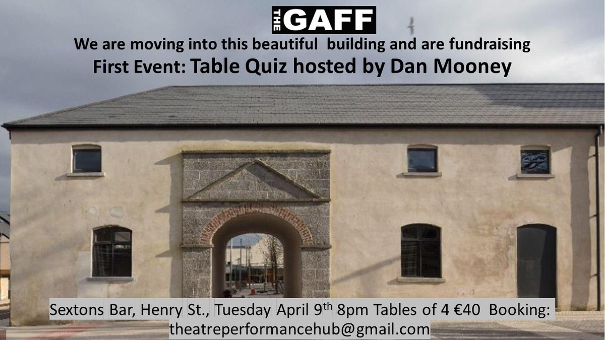 The Gaff (@thegafflimerick) on Twitter photo Exciting times as we look forward to moving into our new home in 2024. More information on this new development at our Table Quiz on April 9th. Email to book a table theatreperformancehub@gmail.com Exciting times as we look forward to moving into our new home in 2024. More information on this new development at our Table Quiz on April 9th. Email to book a table theatreperformancehub@gmail.com