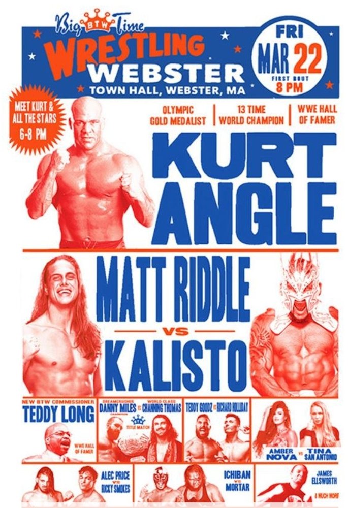 Tonight in Webster Ma, Eddie Farhat brings @ChanThomasPro and myself into @BTWwrestling Channing will win the title and then he's going to fight Bobo Brazil for the next 25 years. @RealKurtAngle @SuperKingofBros @gloat and so much more