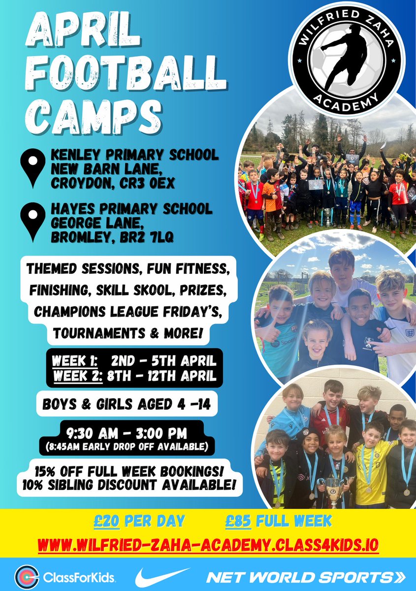 ⚽️April Football Camps! 📲wilfried-zaha-academy.classforkids.io #wzacademy | #croydon | #bromley