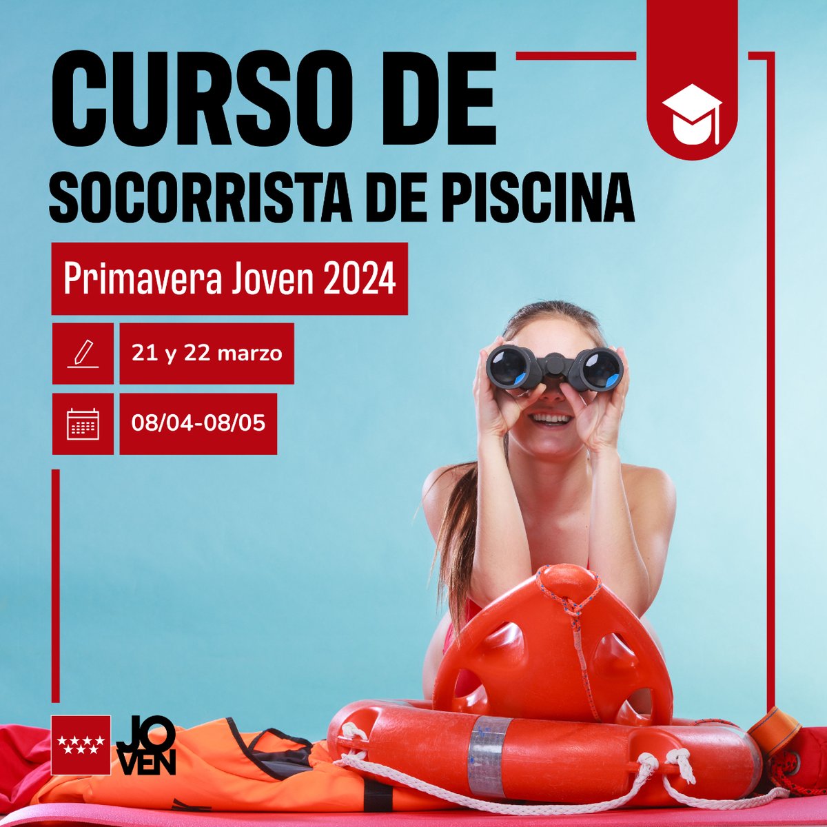 🛟 Curso de socorrista de piscina | <a href="/MADRID/">Ayuntamiento Madrid</a>

⌚️ 96 horas
🗓️ 8 abril - 8 mayo
📝 Inscripción: 21/03 desde las 08:00h y el 22/03

ℹ️ bit.ly/4cdphjs

#Juventud