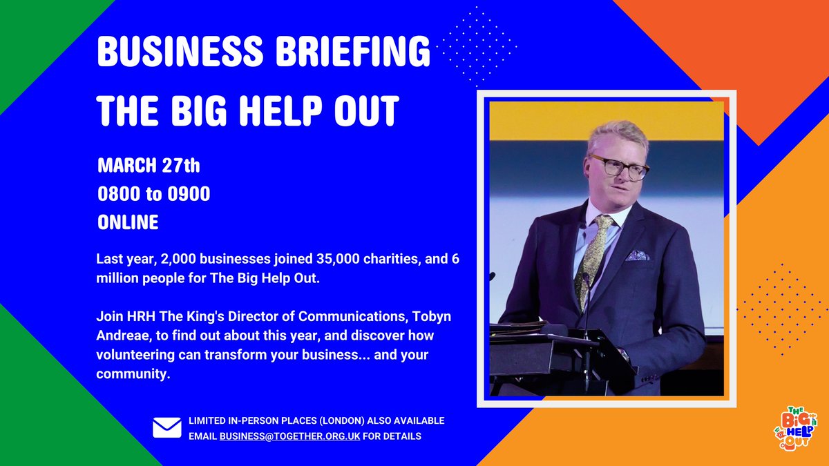 Join us for a business briefing to discover more about #TheBigHelpOut 2024 and how #volunteering can impact your business and community 💚✋ 👉 RSVP to business@together.org.uk to secure your spot. 👉 Head to thebighelpout.org.uk to register your opportunities