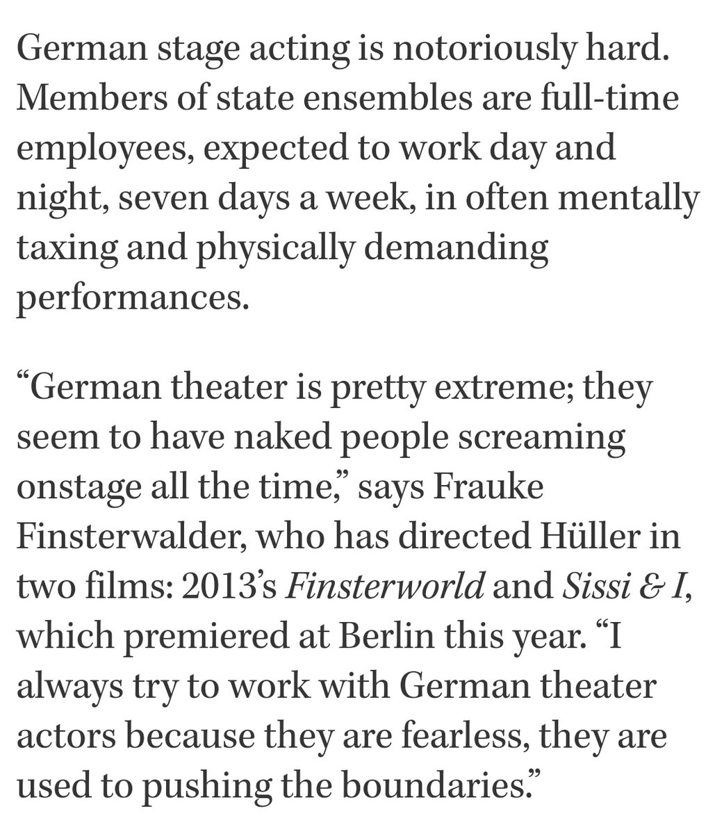 @Seath_PK @Blackswissmiss @lionesspike Again, I apologize, I recalled differently. Rehearsals are quite extreme, though, and actors are employed and work 7/7.
This, however, does not take anything away from German stage actors' discipline, or hard work. The take on film acting remains real, which isn't easy either.
