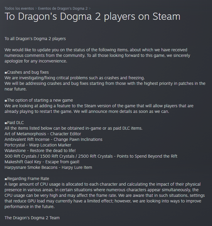 ChiclanaFriends's tweet photo. Dragon's Dogma 2 tiene un 40% de reseñas positivas en Steam, quedándose en la categoría de "variadas".

Más allá de algunos problemas de rendimiento, una parte van orientadas a las microtransacciones incluidas en el juego.

El equipo de Dragon's Dogma 2 ha respondido al respecto. https://t.co/nFF2Ql971s