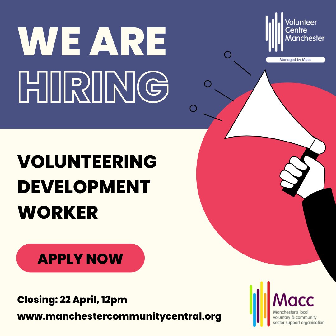 We are #hiring for a Volunteering Development Worker to join our Volunteer Centre team in #Manchester!

If you'd like to find out more or apply for the role, click here: bit.ly/VolunteerDevWo…